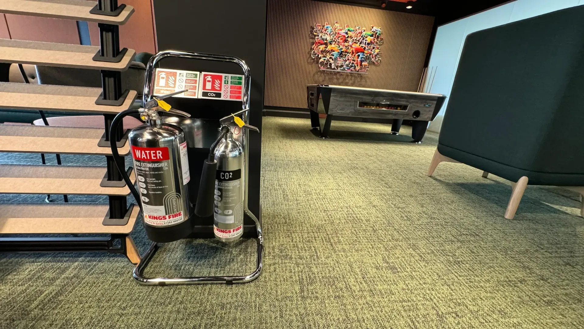 Chrome Fire Extinguishers and matching silver stand supplied to offices in Hertfordshire