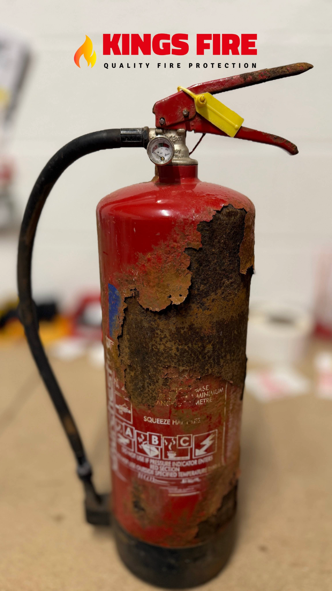 Severely corroded 6kg dry powder fire extinguisher removed from a construction site