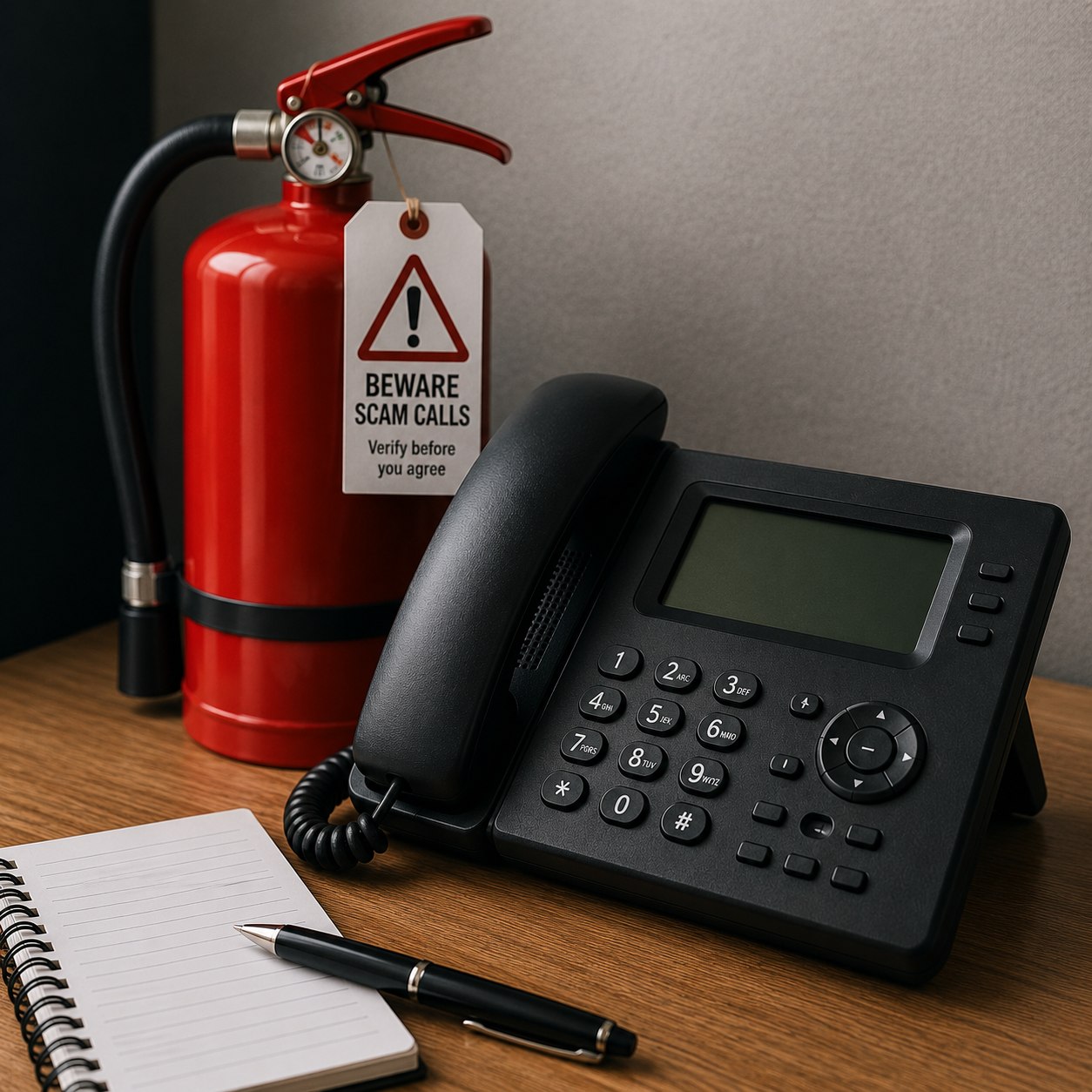 Fire extinguisher beside an office phone with a warning tag about suspicious fire extinguisher servicing calls.